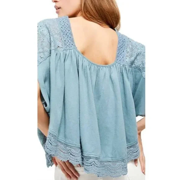 New Free People Prairie Days Floral Embroidered Lace Blouse $98 X-SMALL Seafoam - Picture 4 of 4